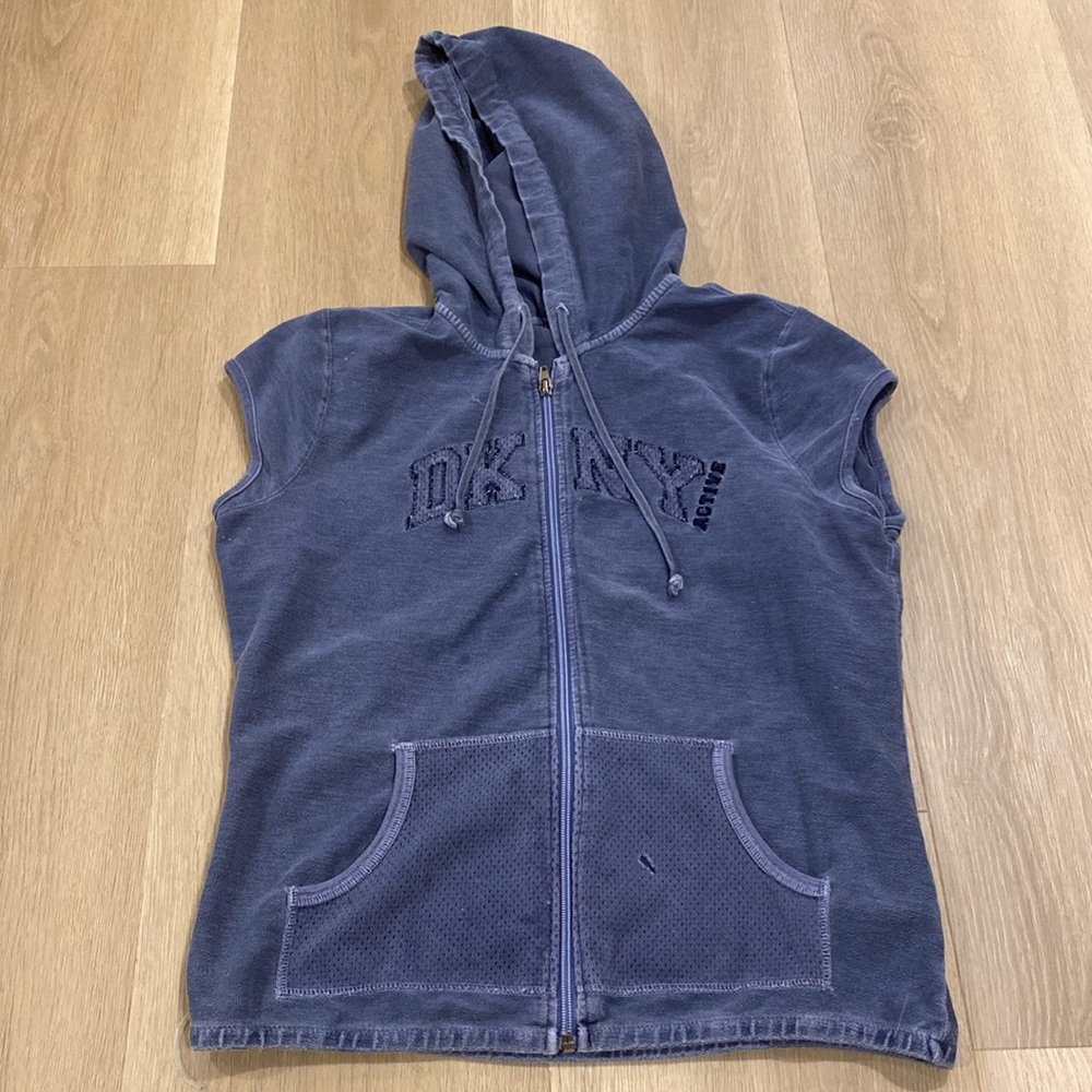 Y2K Vintage DKNY Active Women's Blue Sleeveless Hoodie Jacket Size L